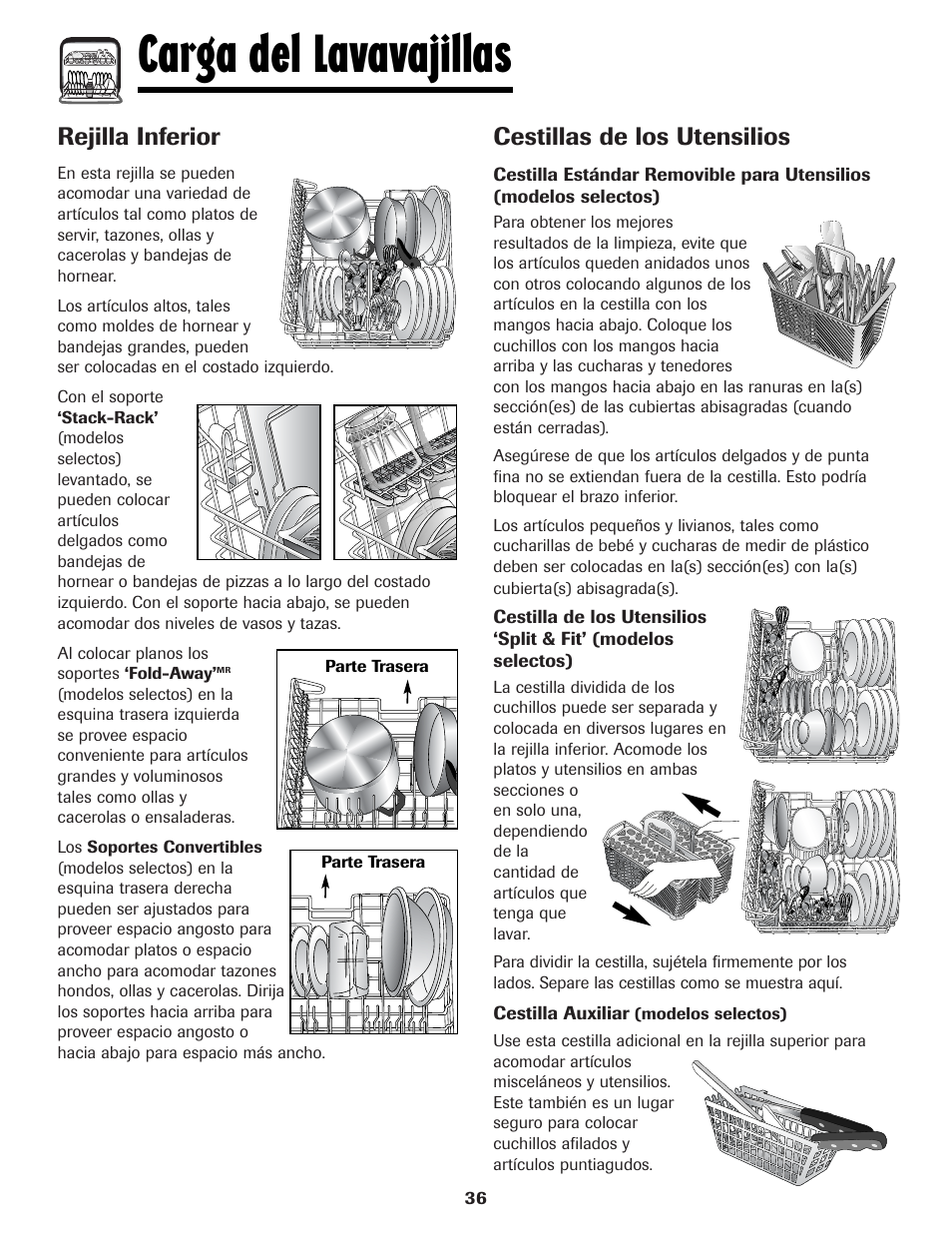 Carga del lavavajillas, Rejilla inferior, Cestillas de los utensilios | Maytag MDBH970AWB User Manual | Page 37 / 48