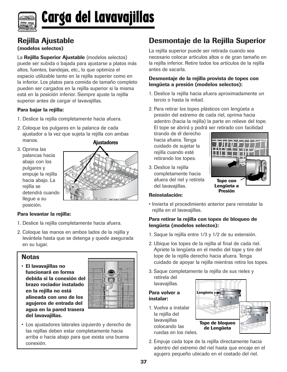 Carga del lavavajillas, Rejilla ajustable, Desmontaje de la rejilla superior | Maytag MDBH970AWB User Manual | Page 38 / 48