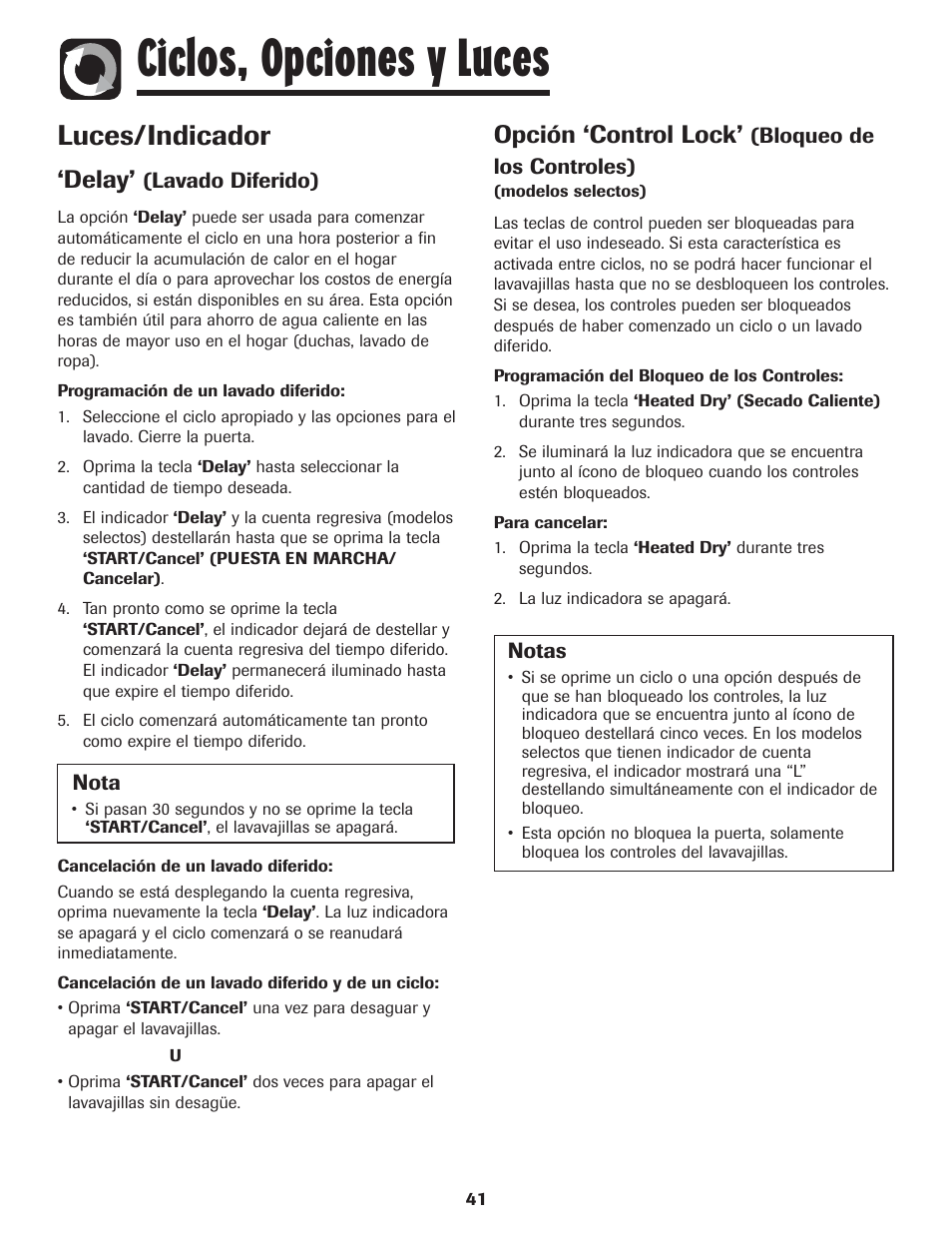 Ciclos, opciones y luces, Luces/indicador, Delay | Opción ‘control lock | Maytag MDBH970AWB User Manual | Page 42 / 48