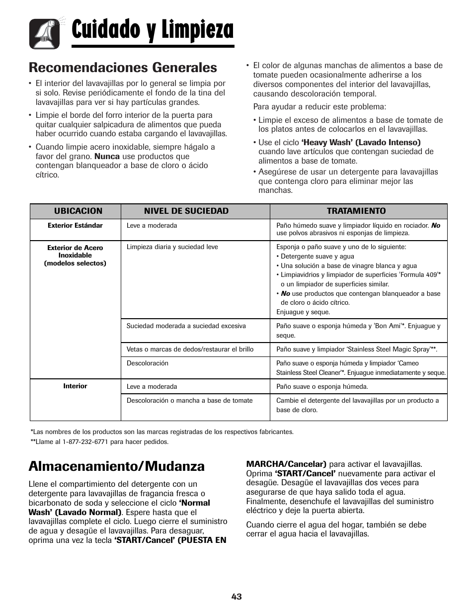 Cuidado y limpieza, Recomendaciones generales, Almacenamiento/mudanza | Maytag MDBH970AWB User Manual | Page 44 / 48