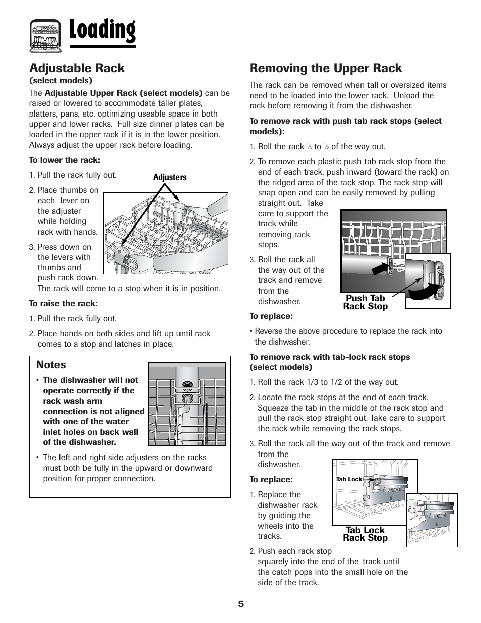 Loading, Adjustable rack, Removing the upper rack | Maytag MDBH970AWB User Manual | Page 6 / 48