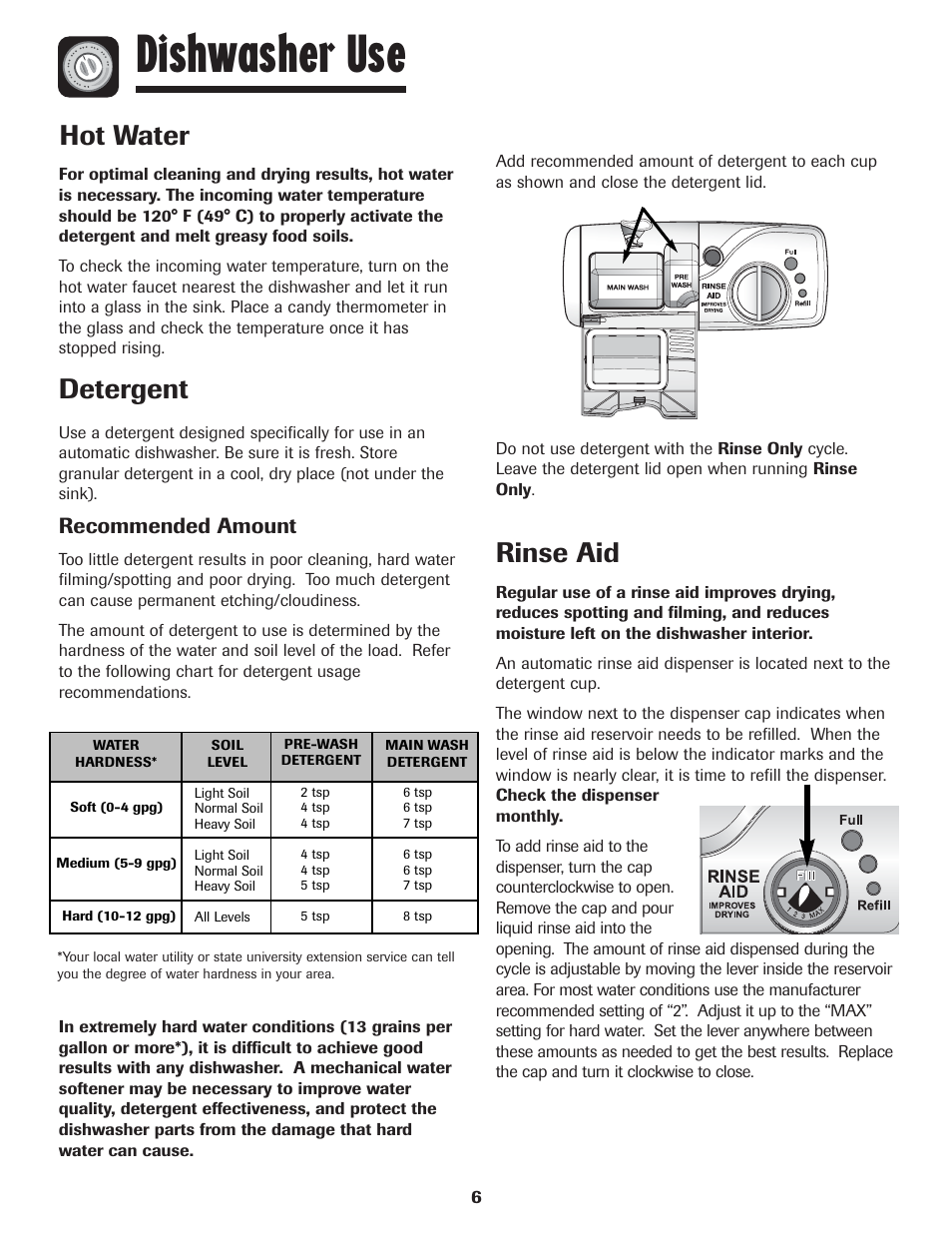Dishwasher use, Hot water, Detergent | Rinse aid, Recommended amount | Maytag MDBH970AWB User Manual | Page 7 / 48