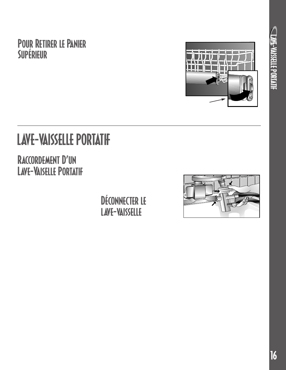 Lave-vaisselle portatif, Pour retirer le panier supérieur, Raccordement d’un lave-vaiselle portatif | Déconnecter le lave-vaisselle, La v e- vais sell e por ta tif | Maytag MDB6100AWB User Manual | Page 17 / 36