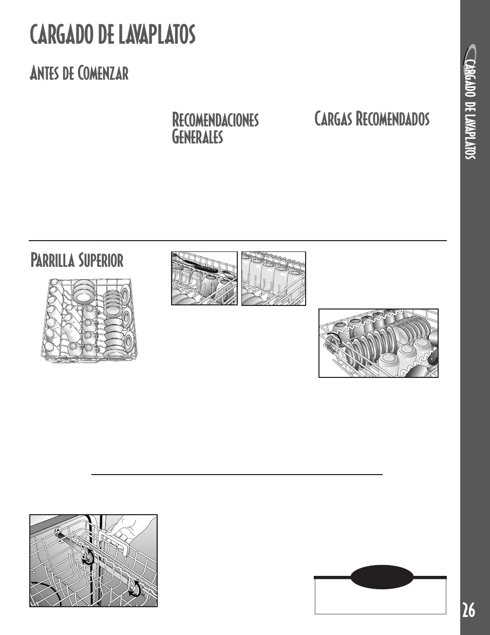 Cargado de lavaplatos, Parrilla superior, Antes de comenzar | Recomendaciones generales, Cargas recomendados, Ca rg a do de la va pl at o s | Maytag MDB6100AWB User Manual | Page 27 / 36