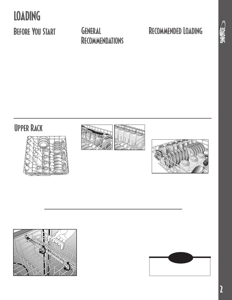 Loading, Before you start, General recommendations | Recommended loading, Upper rack, Lo adi ng | Maytag MDB6100AWB User Manual | Page 3 / 36