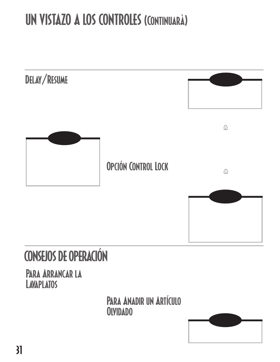 Un vistazo a los controles, Consejos de operación, Continuarà) | Delay/resume, Opción control lock, Para arrancar la lavaplatos, Para anadir un artículo olvidado | Maytag MDB6100AWB User Manual | Page 32 / 36
