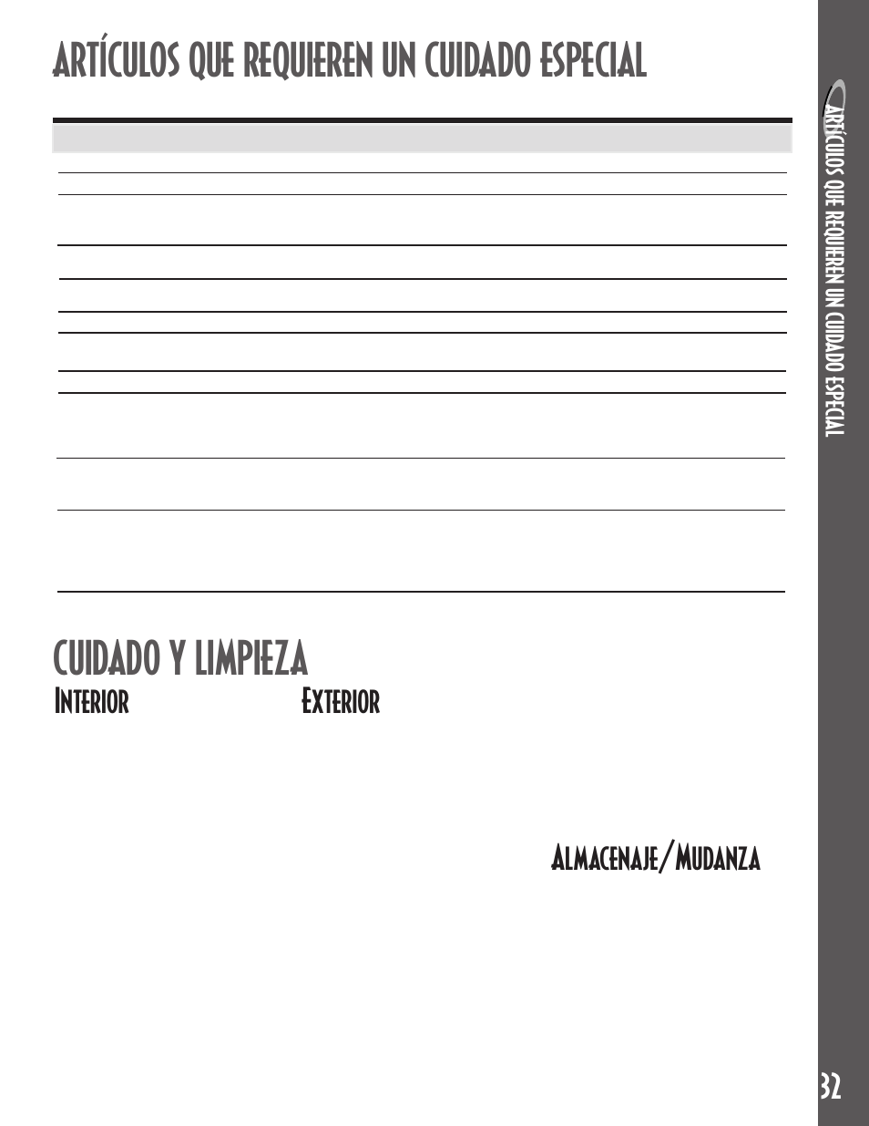 Artículos que requieren un cuidado especial, Cuidado y limpieza, Interior | Exterior, Almacenaje/mudanza | Maytag MDB6100AWB User Manual | Page 33 / 36