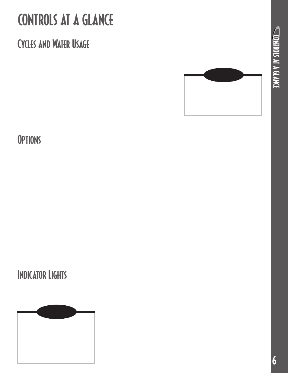 Controls at a glance, Indicator lights, Cycles and water usage | Options | Maytag MDB6100AWB User Manual | Page 7 / 36