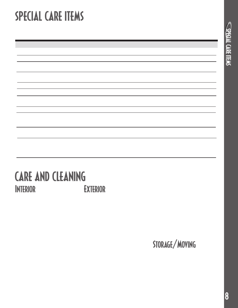 Special care items, Care and cleaning, Interior | Exterior, Storage/moving, Sp ecial c a re it em s | Maytag MDB6100AWB User Manual | Page 9 / 36