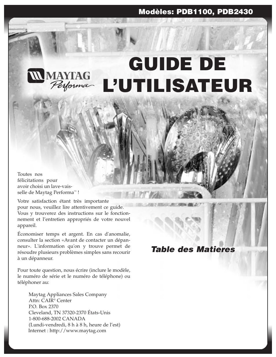 Guide de l’utilisateur, Table des matieres | Maytag PDB1100AWE User Manual | Page 10 / 28