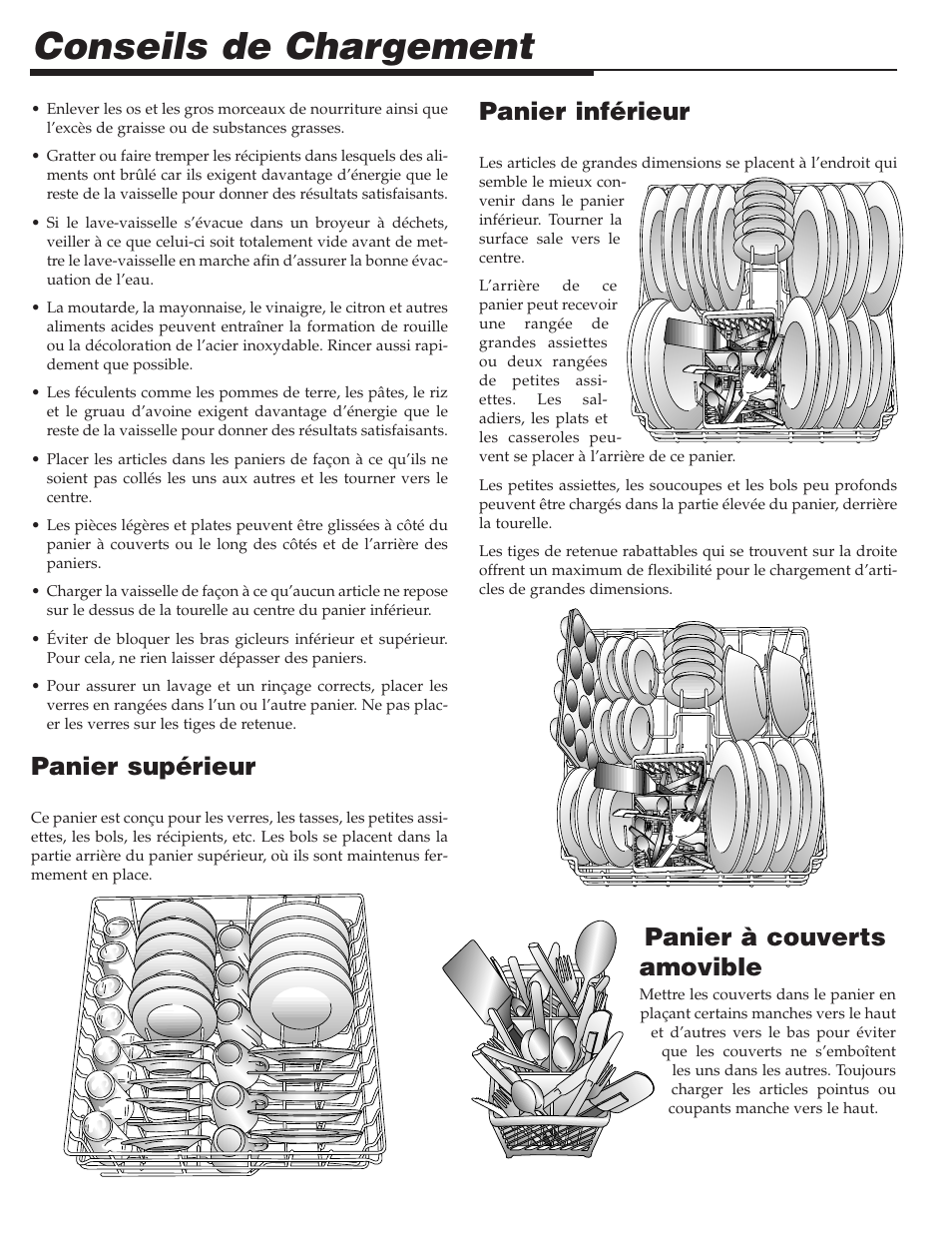 Conseils de chargement, Panier à couverts amovible, Panier supérieur | Panier inférieur | Maytag PDB1100AWE User Manual | Page 12 / 28