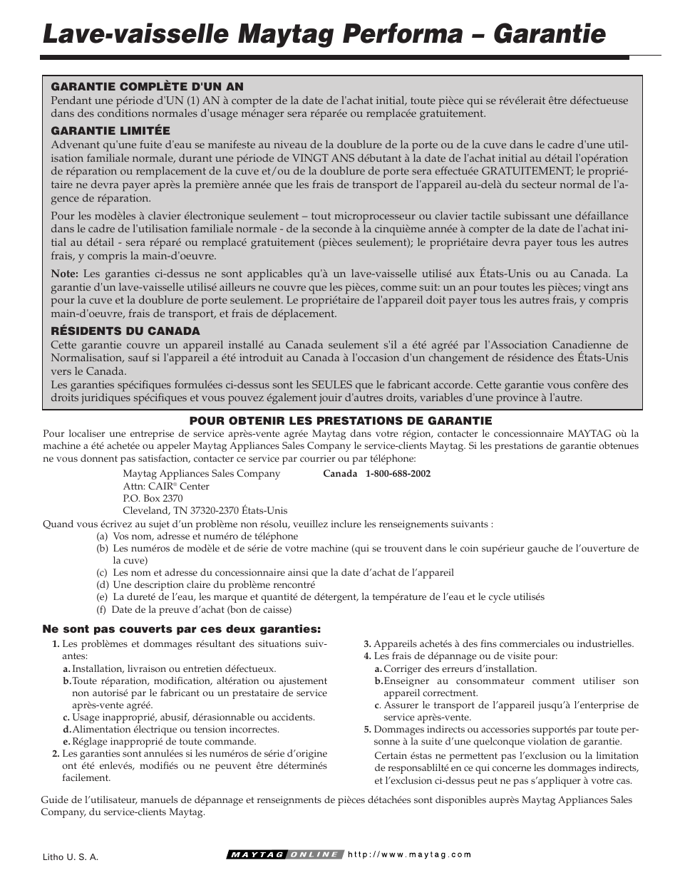 Lave-vaisselle maytag performa – garantie | Maytag PDB1100AWE User Manual | Page 18 / 28