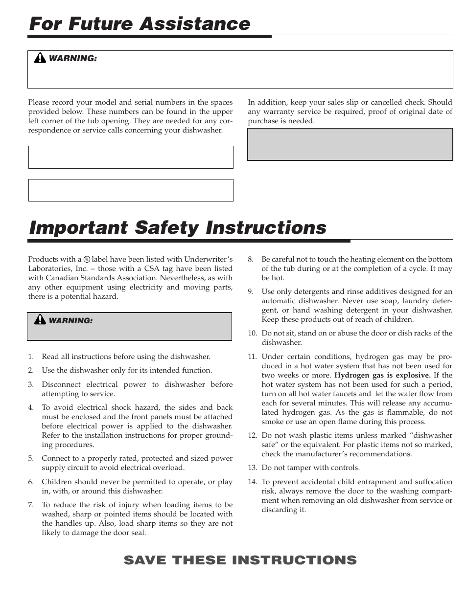 For future assistance, Important safety instructions, Save these instructions | Maytag PDB1100AWE User Manual | Page 2 / 28