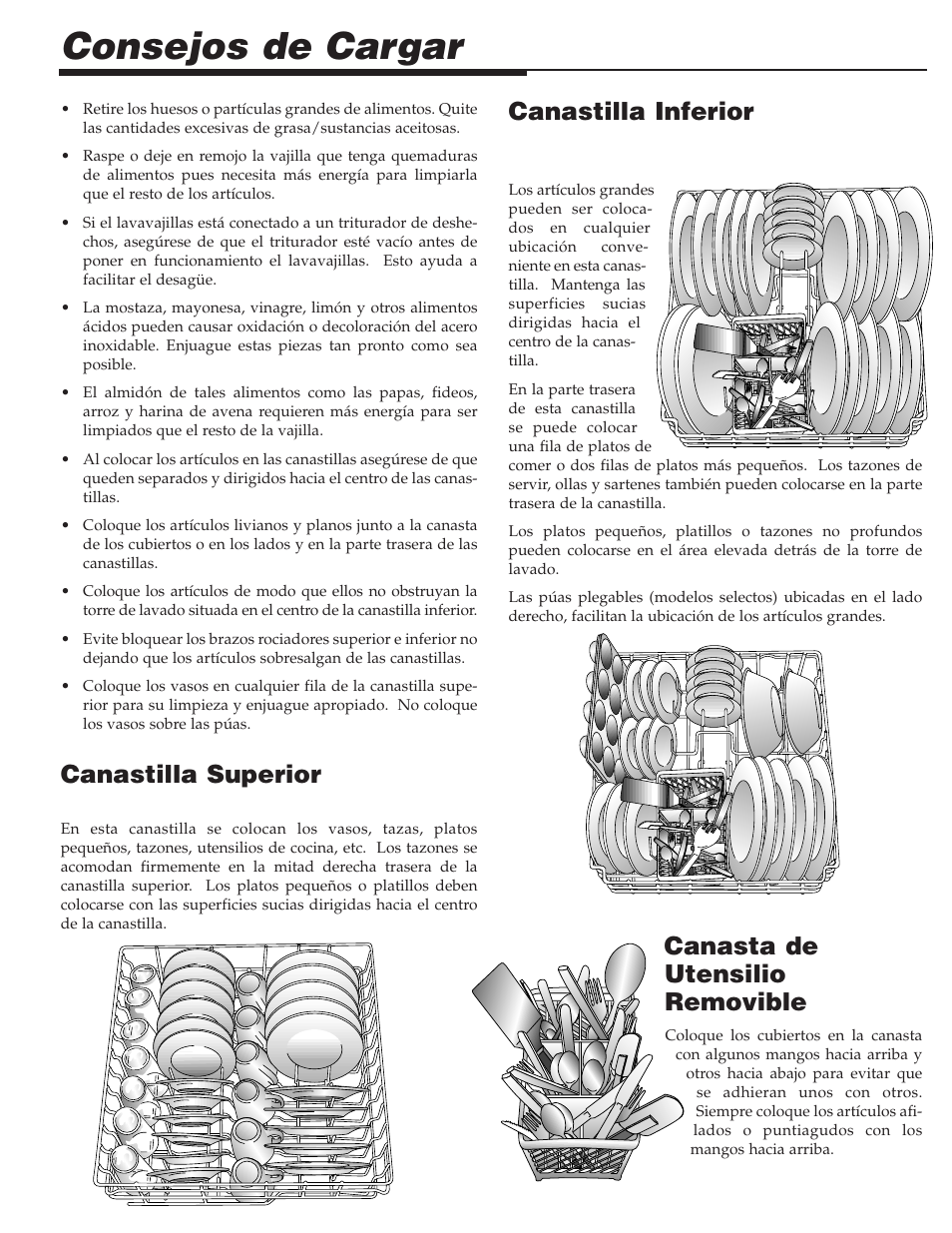 Consejos de cargar, Canasta de utensilio removible, Canastilla superior | Canastilla inferior | Maytag PDB1100AWE User Manual | Page 21 / 28