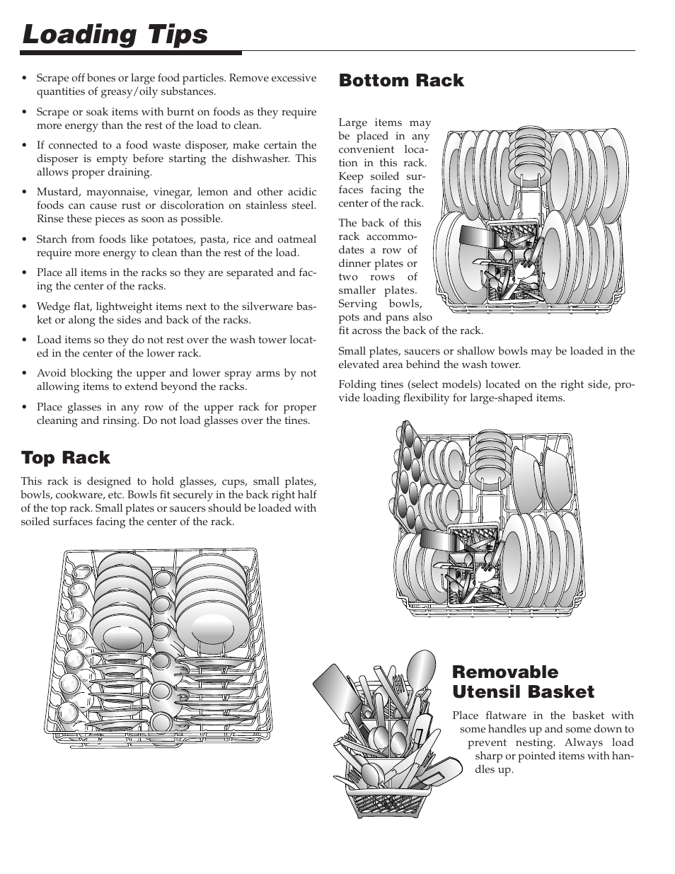 Loading tips, Removable utensil basket, Top rack | Bottom rack | Maytag PDB1100AWE User Manual | Page 3 / 28
