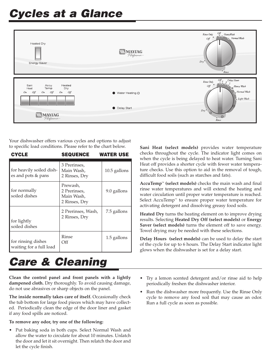 Cycles at a glance, Care & cleaning | Maytag PDB1100AWE User Manual | Page 5 / 28