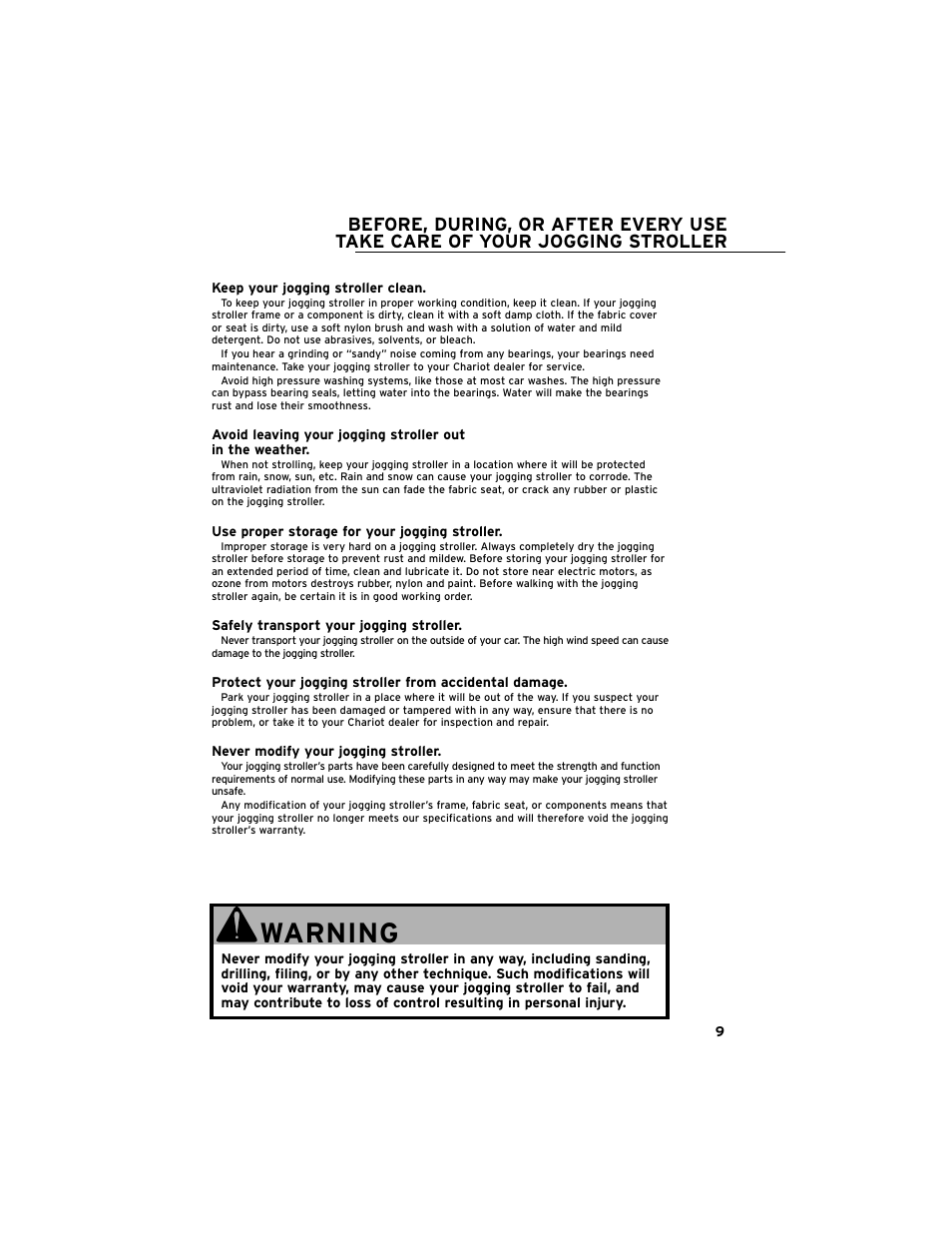 Warning | Chariot Carriers Cavalier User Manual | Page 10 / 21