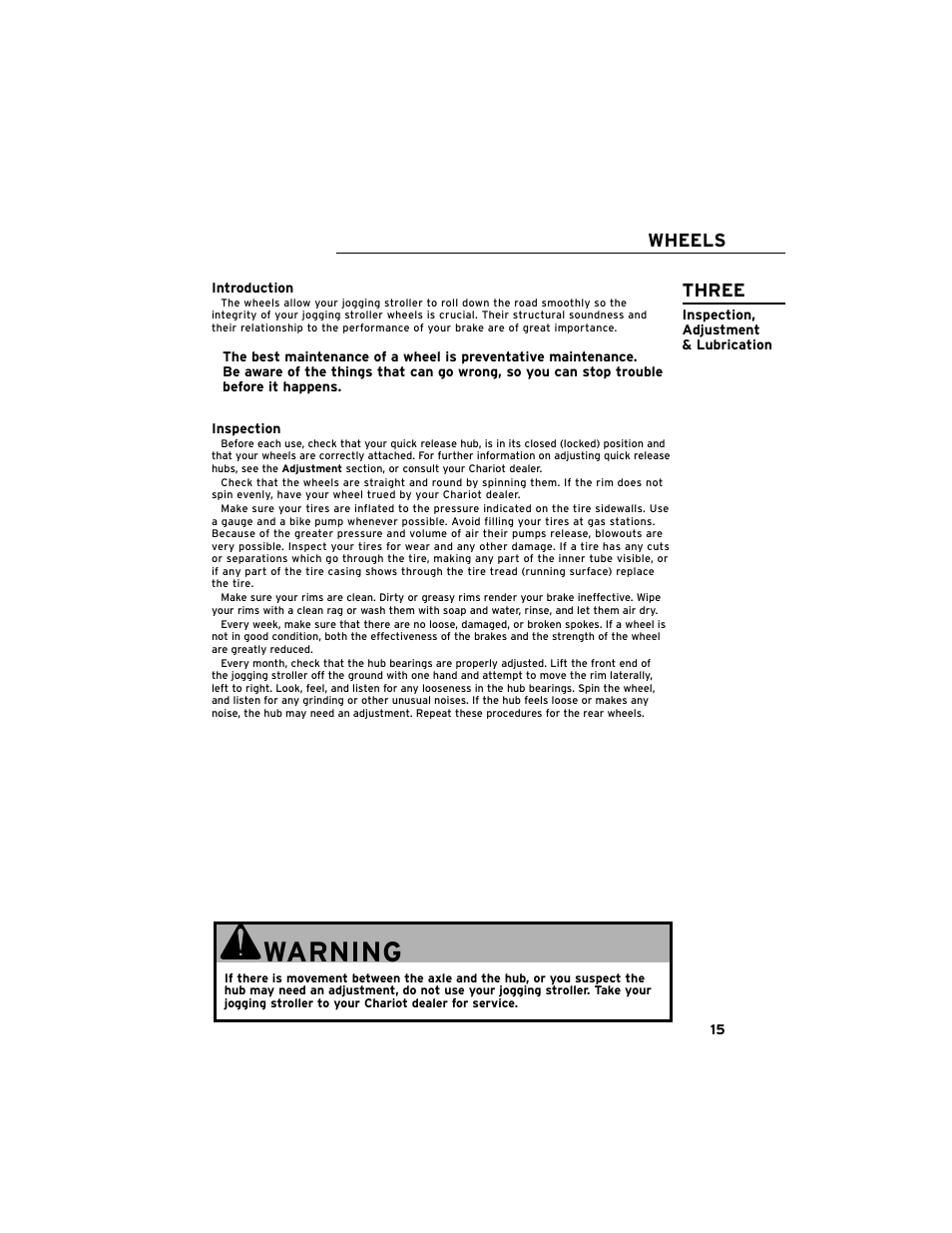 Warning, Wheels three | Chariot Carriers Cavalier User Manual | Page 16 / 21