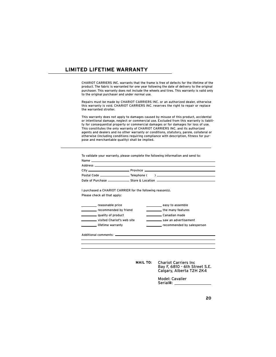 Limited lifetime warranty | Chariot Carriers Cavalier User Manual | Page 21 / 21