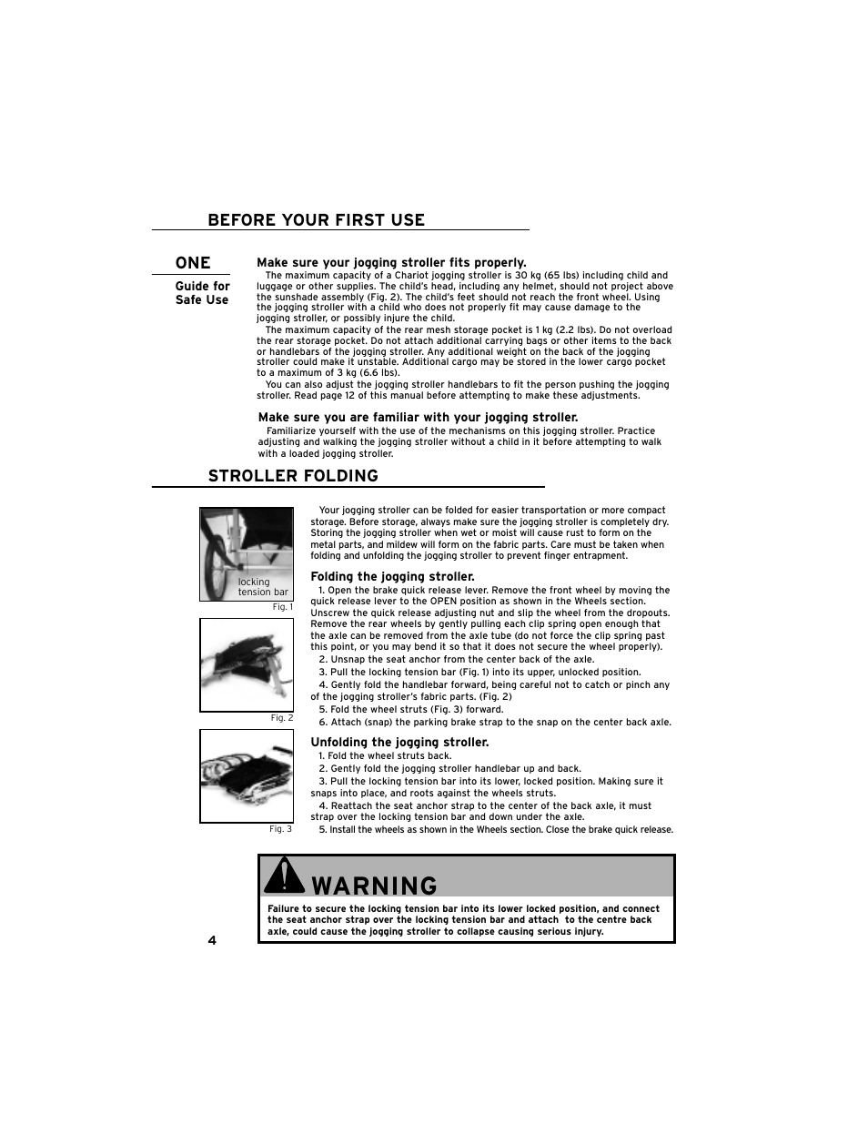 Warning, Before your first use, Stroller folding | Chariot Carriers Cavalier User Manual | Page 5 / 21