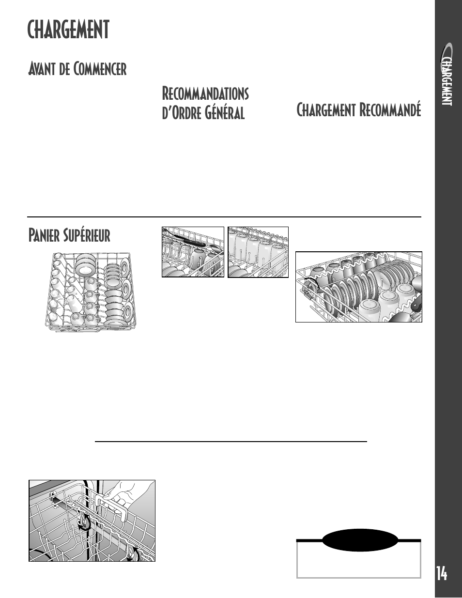 Chargement, Panier supérieur, Avant de commencer | Recommandations d’ordre général, Chargement recommandé, Char ge ment, Remarque | Maytag MDB6657AWB User Manual | Page 15 / 36