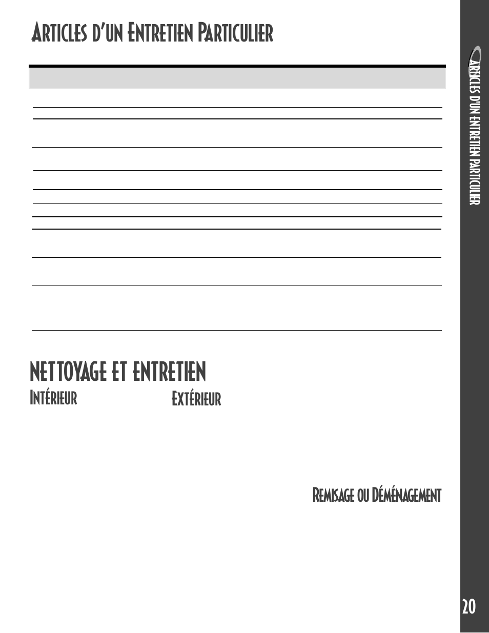 Articles d’un entretien particulier, Nettoyage et entretien, Intérieur | Extérieur, Remisage ou déménagement, Ar ticl es d 'un entr etien p a rticulier | Maytag MDB6657AWB User Manual | Page 21 / 36