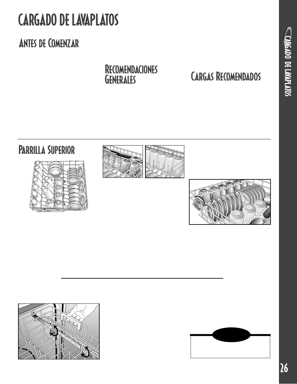 Cargado de lavaplatos, Parrilla superior, Antes de comenzar | Recomendaciones generales, Cargas recomendados, Ca rg a do de la va pl at o s | Maytag MDB6657AWB User Manual | Page 27 / 36