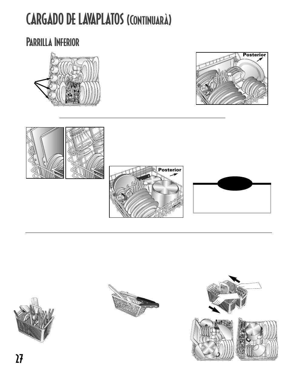 Cargado de lavaplatos, Continuarà), Parrilla inferior | Nota, Canasta desmontable de utensilios, Canasta odds & ends, Canasta de utensilios split & fit | Maytag MDB6657AWB User Manual | Page 28 / 36