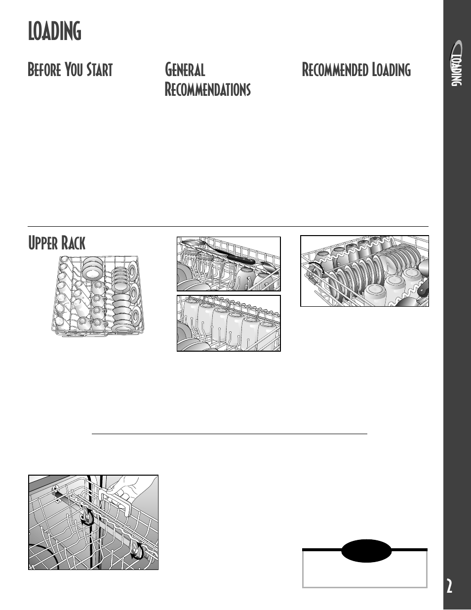 Loading, Before you start, General recommendations | Recommended loading, Upper rack, Lo adi ng | Maytag MDB6657AWB User Manual | Page 3 / 36
