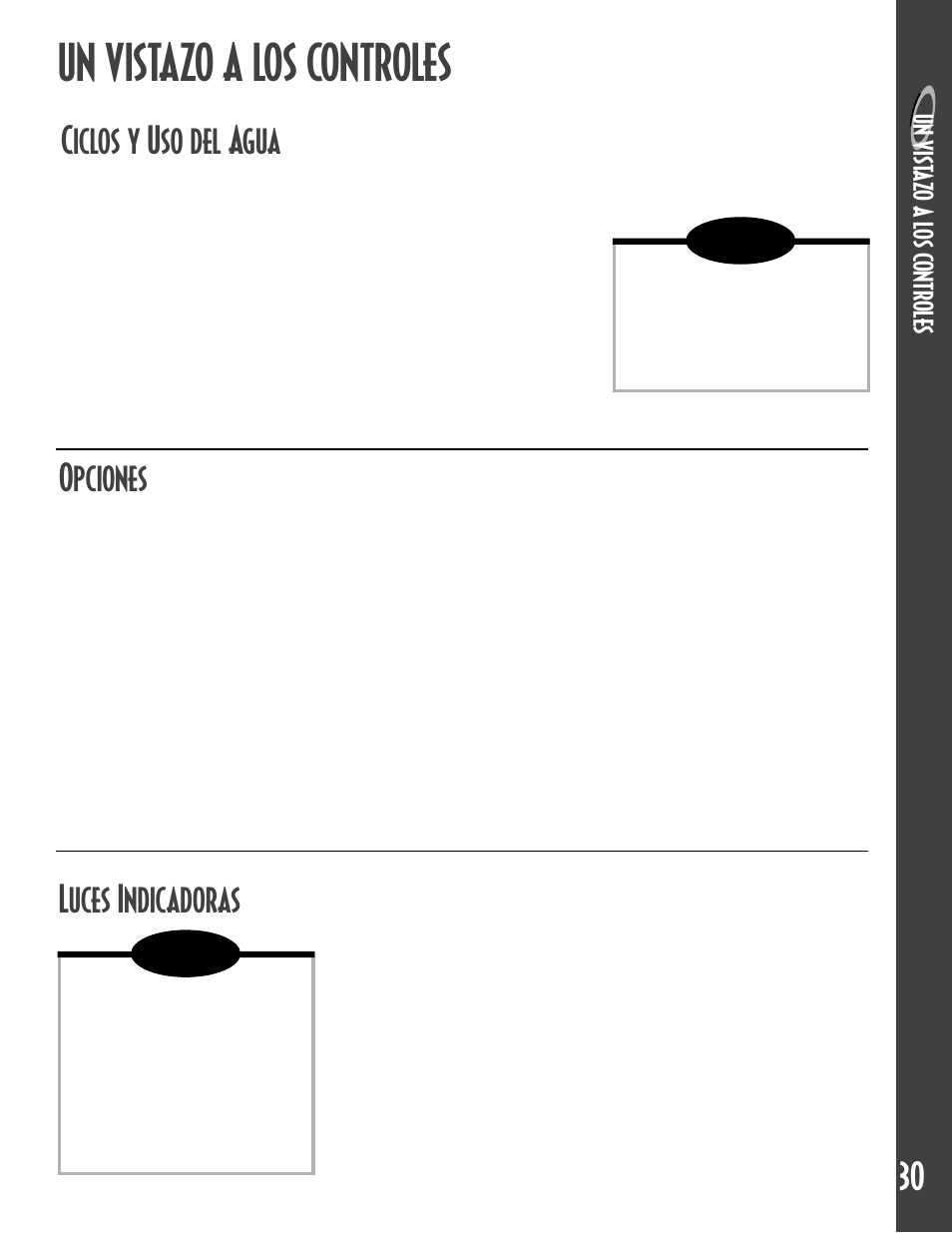 Un vistazo a los controles, Ciclos y uso del agua, Opciones | Luces indicadoras | Maytag MDB6657AWB User Manual | Page 31 / 36