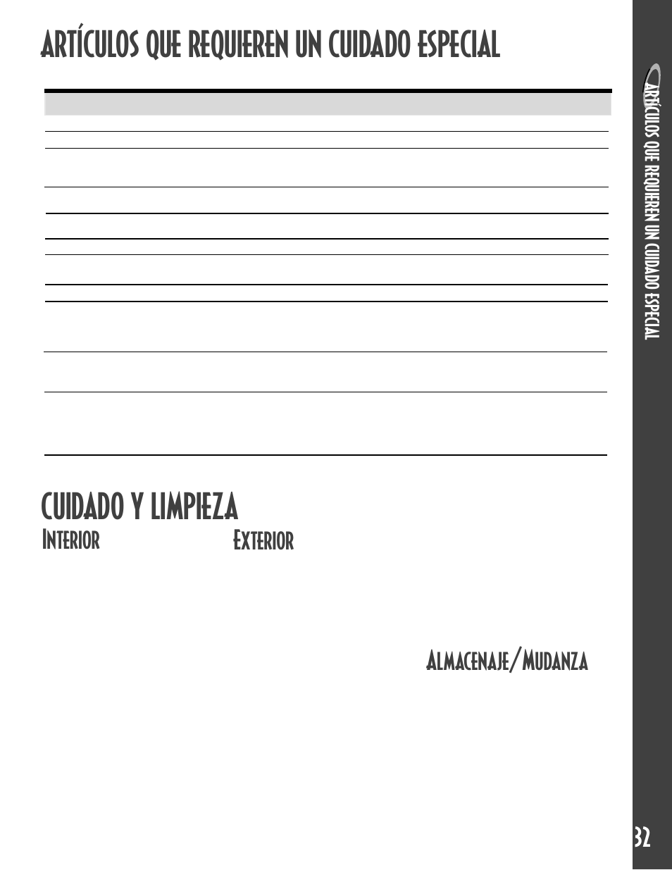 Artículos que requieren un cuidado especial, Cuidado y limpieza, Interior | Exterior, Almacenaje/mudanza | Maytag MDB6657AWB User Manual | Page 33 / 36