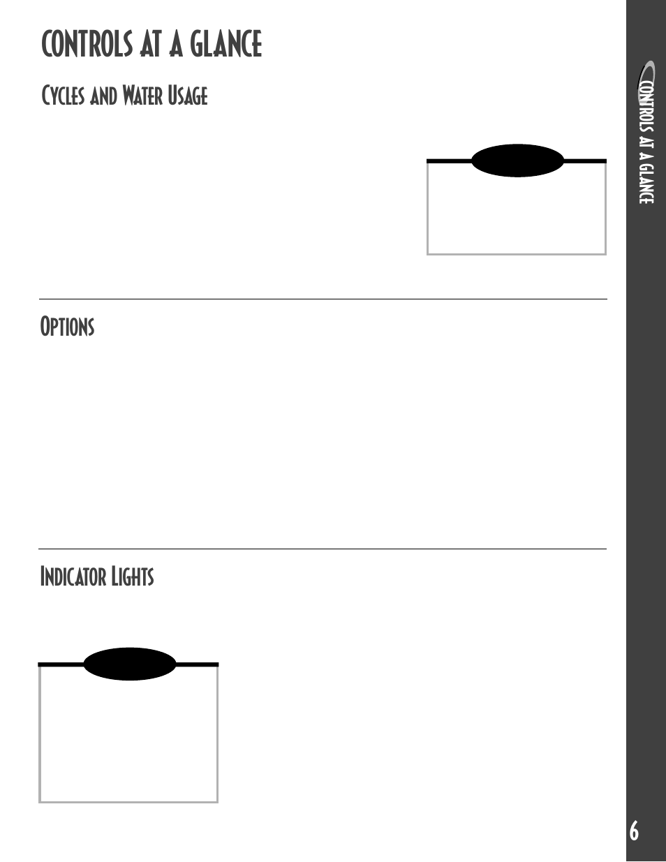 Controls at a glance, Indicator lights, Cycles and water usage | Options | Maytag MDB6657AWB User Manual | Page 7 / 36