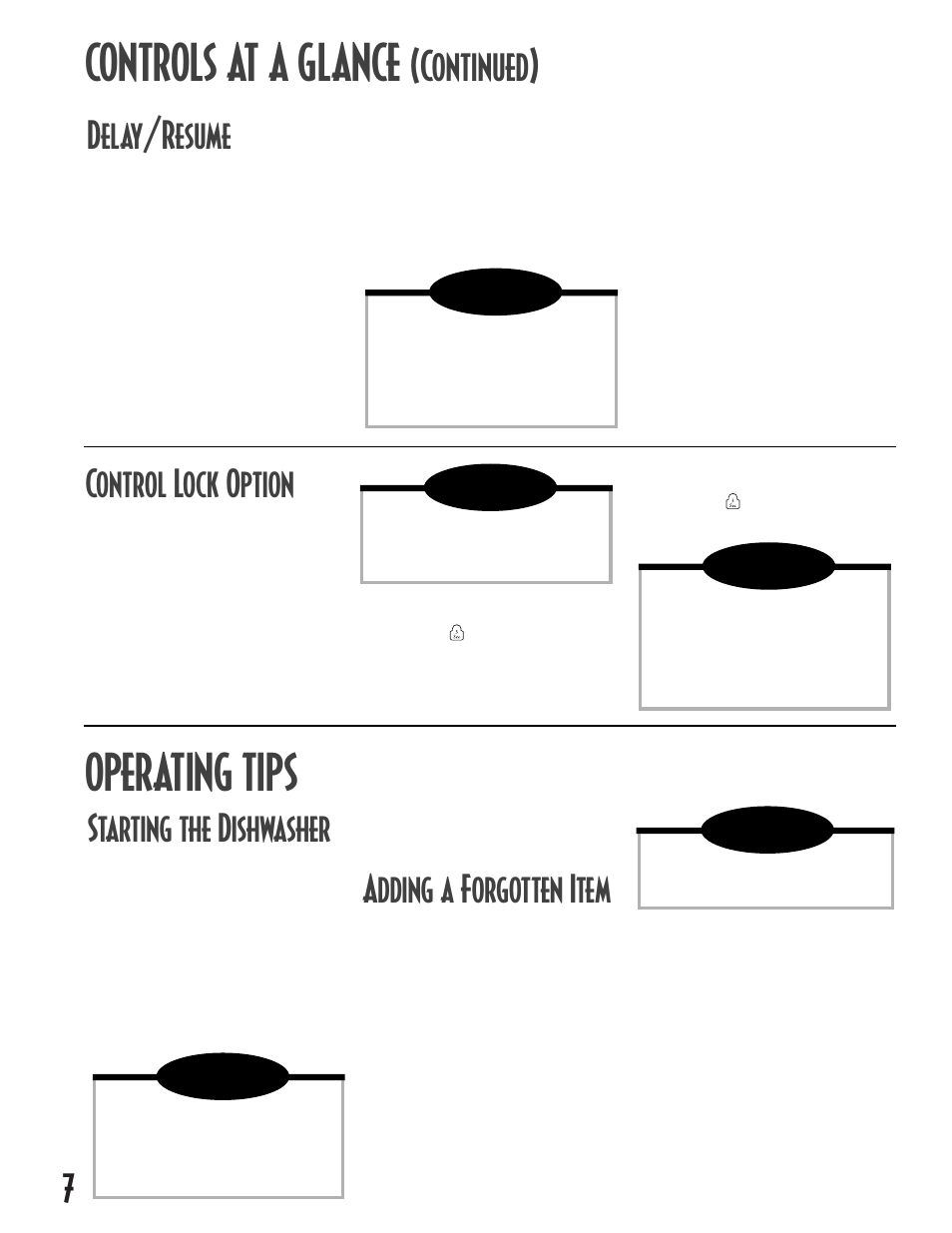 Controls at a glance, Operating tips, Continued) | Delay/resume, Control lock option, Starting the dishwasher, Adding a forgotten item | Maytag MDB6657AWB User Manual | Page 8 / 36