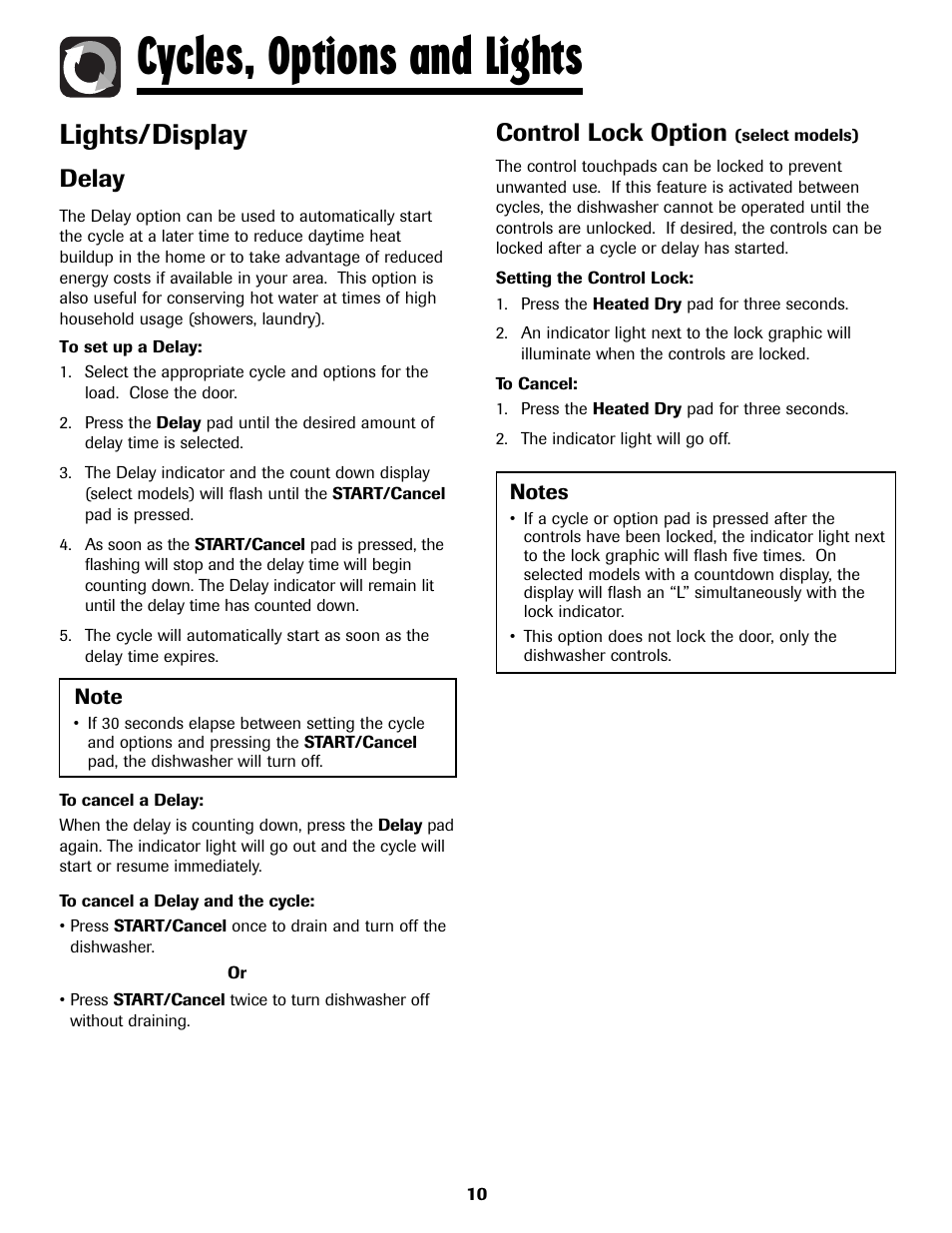 Cycles, options and lights, Lights/display, Delay | Control lock option | Maytag MDB8751AWB User Manual | Page 11 / 48