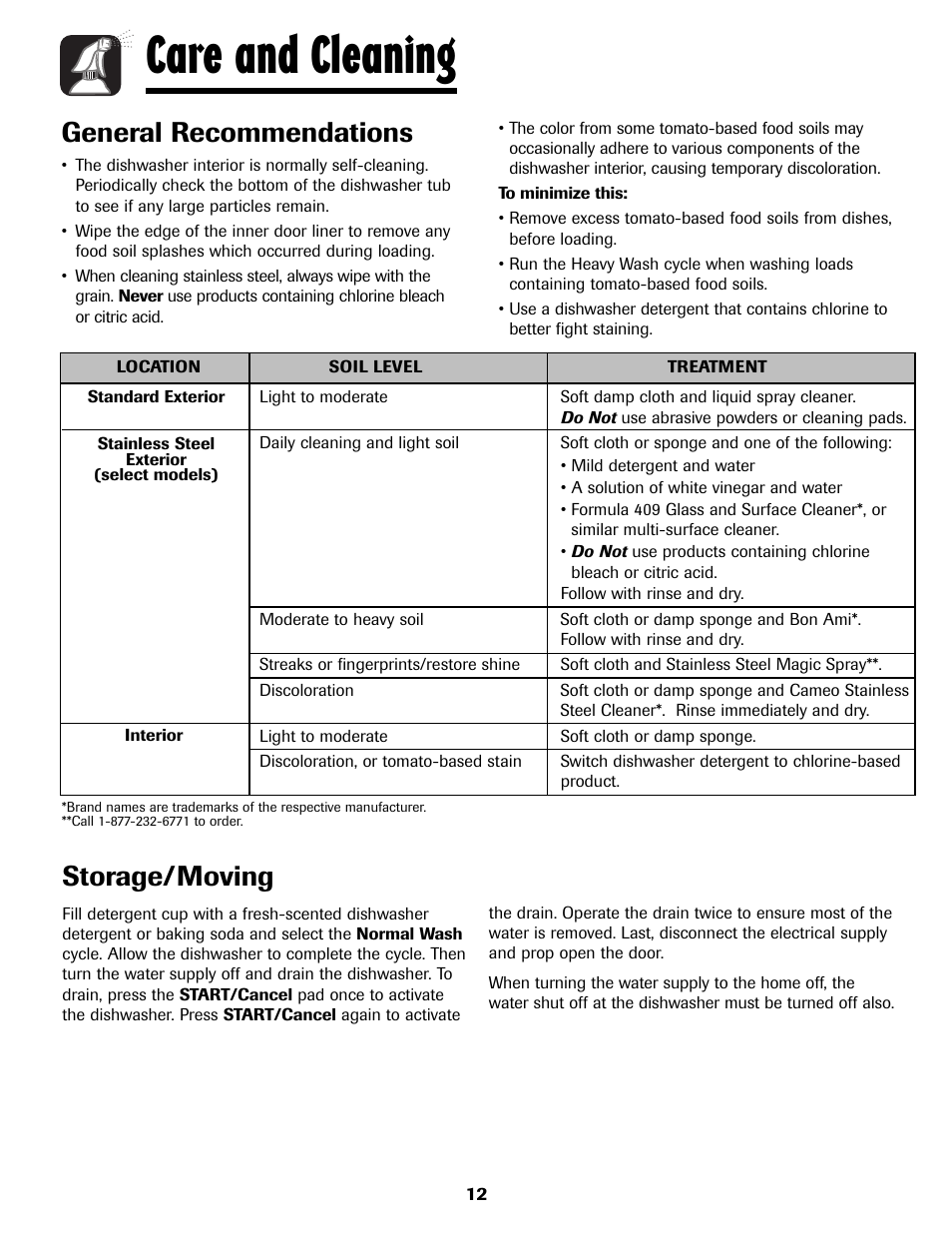 Care and cleaning, General recommendations, Storage/moving | Maytag MDB8751AWB User Manual | Page 13 / 48