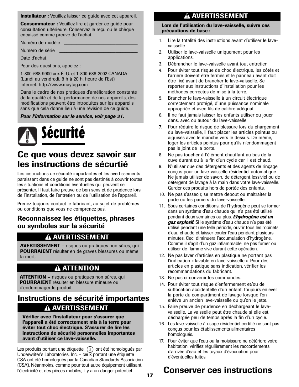 Sécurité, Conserver ces instructions, Instructions de sécurité importantes | Avertissement, Attention | Maytag MDB8751AWB User Manual | Page 18 / 48