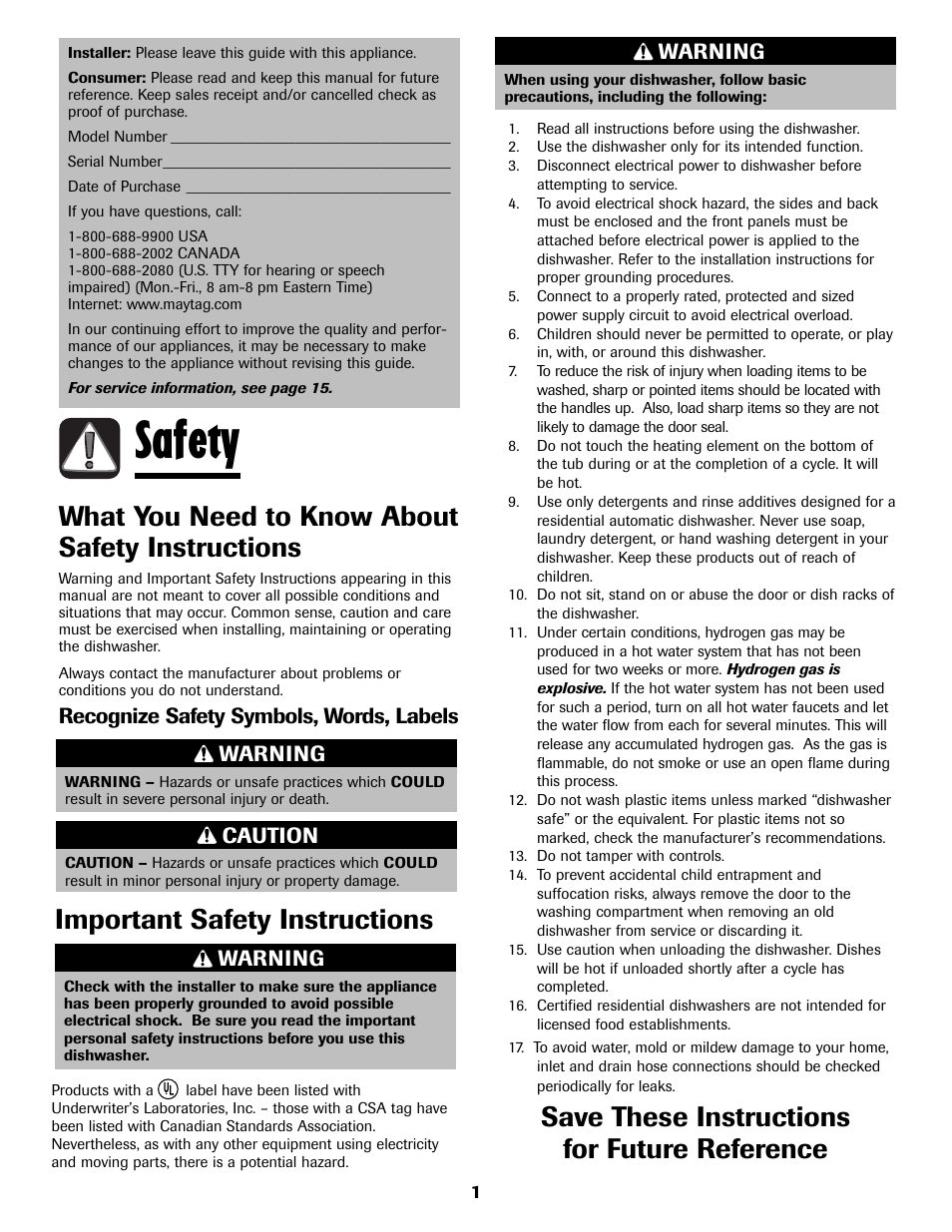 Safety, What you need to know about safety instructions, Important safety instructions | Save these instructions for future reference, Warning, Caution, Recognize safety symbols, words, labels | Maytag MDB8751AWB User Manual | Page 2 / 48
