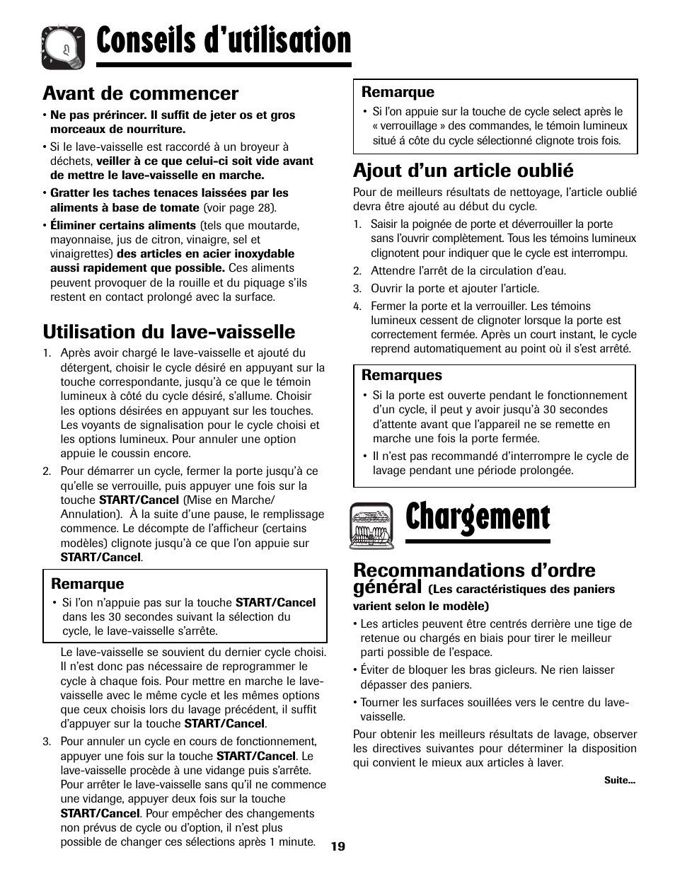 Conseils d’utilisation, Chargement, Avant de commencer | Utilisation du lave-vaisselle, Ajout d’un article oublié, Recommandations d’ordre général | Maytag MDB8751AWB User Manual | Page 20 / 48