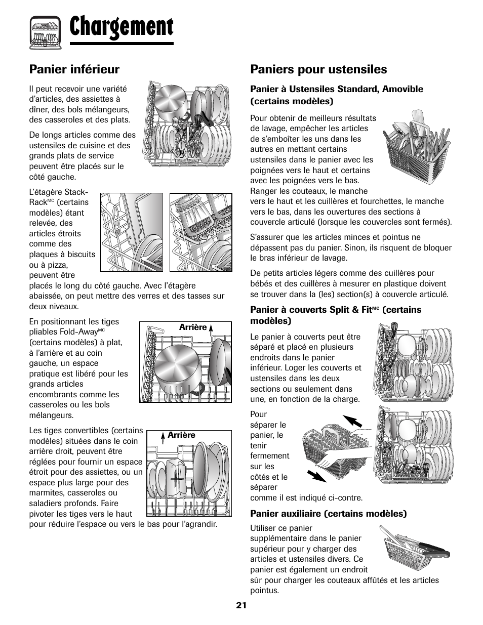 Chargement, Panier inférieur, Paniers pour ustensiles | Maytag MDB8751AWB User Manual | Page 22 / 48