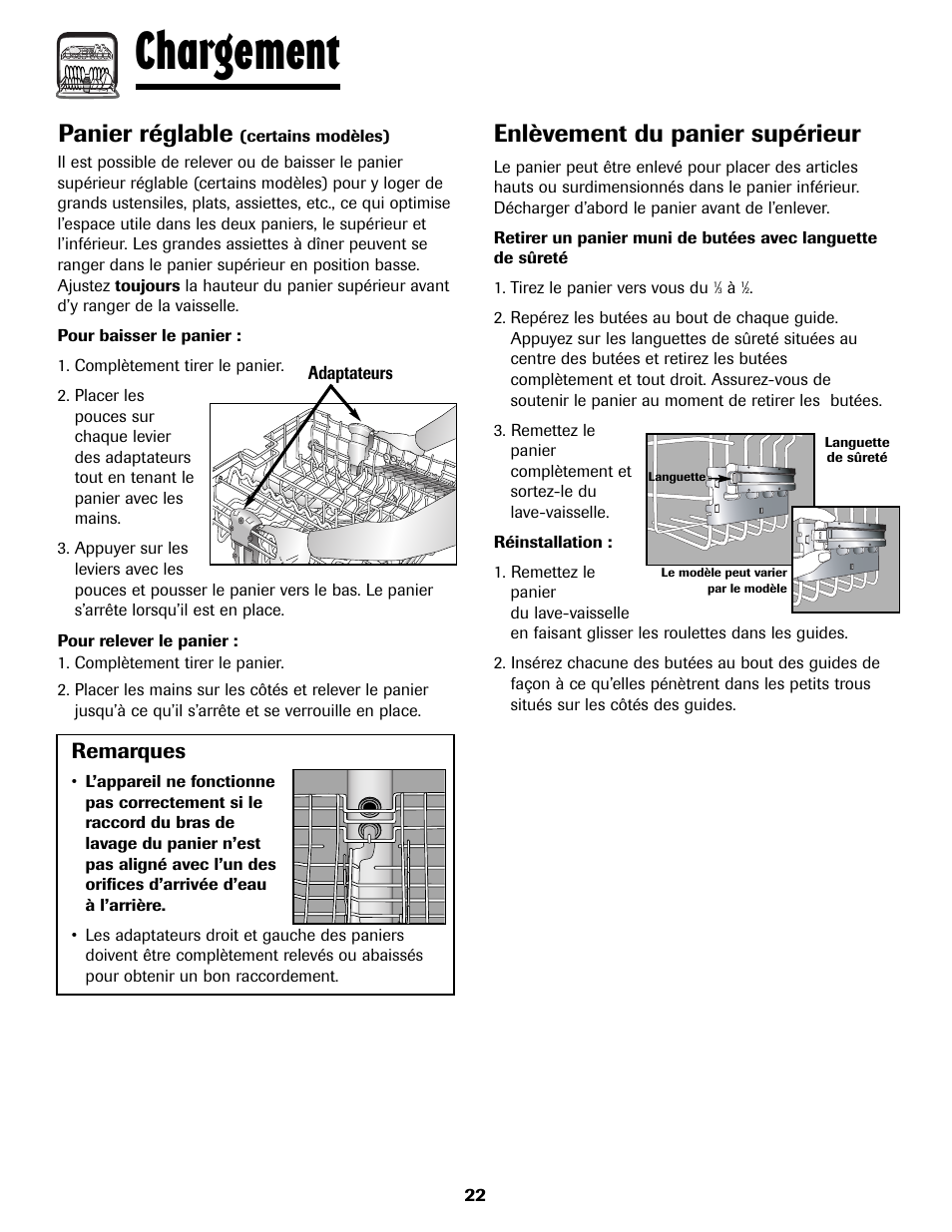 Chargement, Panier réglable, Enlèvement du panier supérieur | Remarques | Maytag MDB8751AWB User Manual | Page 23 / 48