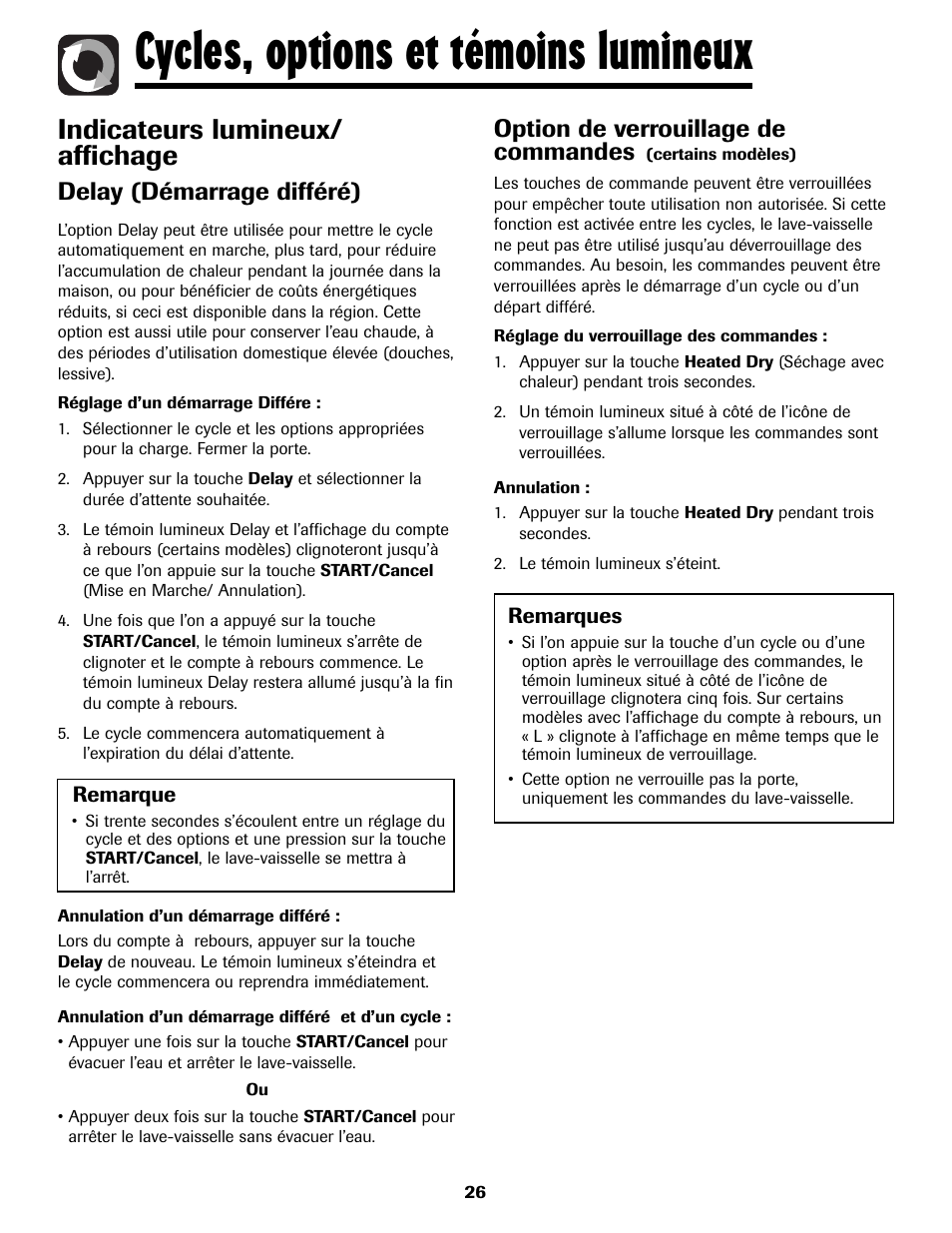 Cycles, options et témoins lumineux, Indicateurs lumineux/ affichage, Delay (démarrage différé) | Option de verrouillage de commandes | Maytag MDB8751AWB User Manual | Page 27 / 48