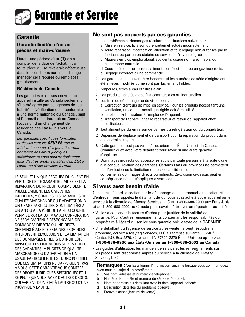 Garantie et service, Garantie, Ne sont pas couverts par ces garanties | Si vous avez besoin d’aide | Maytag MDB8751AWB User Manual | Page 32 / 48