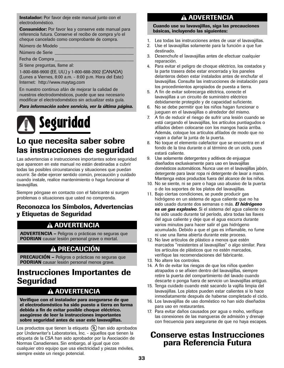 Seguridad, Instrucciones importantes de seguridad, Advertencia | Precaución | Maytag MDB8751AWB User Manual | Page 34 / 48