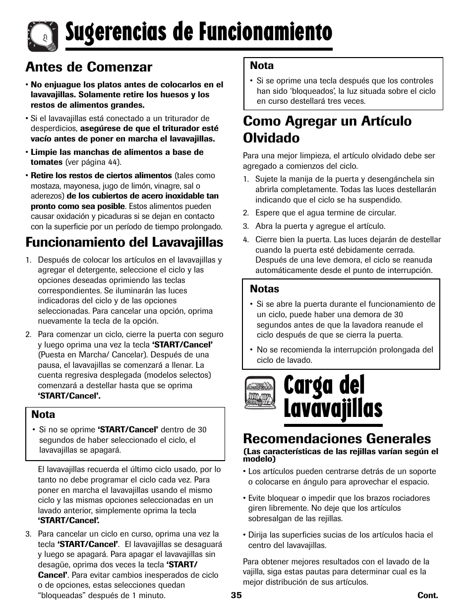 Antes de comenzar, Funcionamiento del lavavajillas, Como agregar un artículo olvidado | Recomendaciones generales | Maytag MDB8751AWB User Manual | Page 36 / 48
