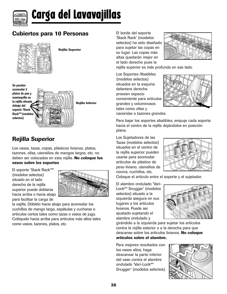 Carga del lavavajillas, Cubiertos para 10 personas rejilla superior | Maytag MDB8751AWB User Manual | Page 37 / 48