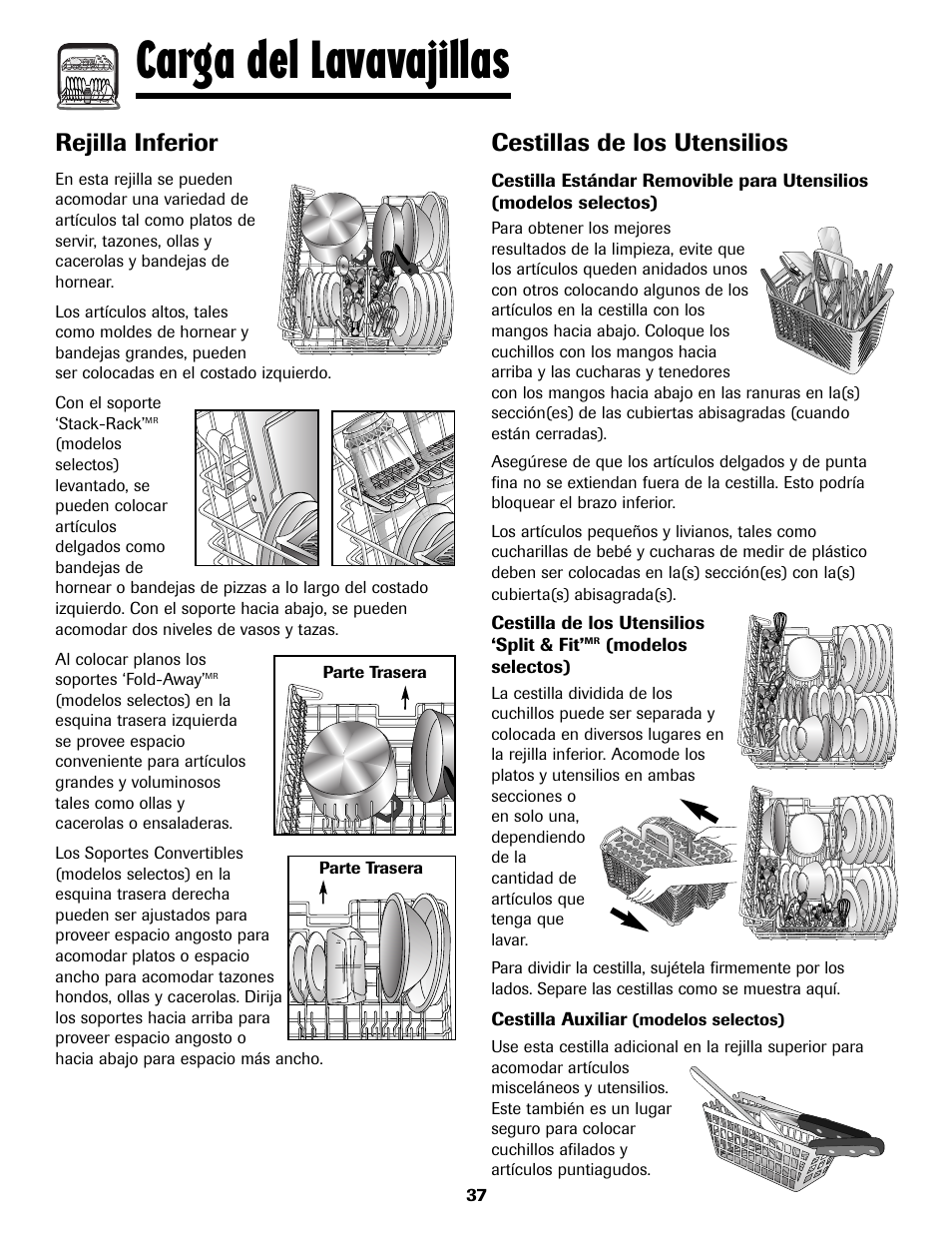 Carga del lavavajillas, Rejilla inferior, Cestillas de los utensilios | Maytag MDB8751AWB User Manual | Page 38 / 48