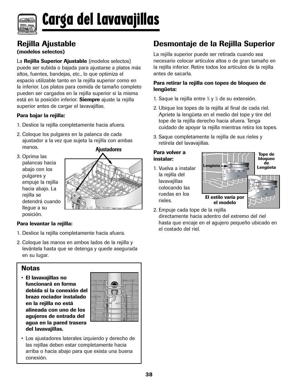 Carga del lavavajillas, Rejilla ajustable, Desmontaje de la rejilla superior | Notas | Maytag MDB8751AWB User Manual | Page 39 / 48