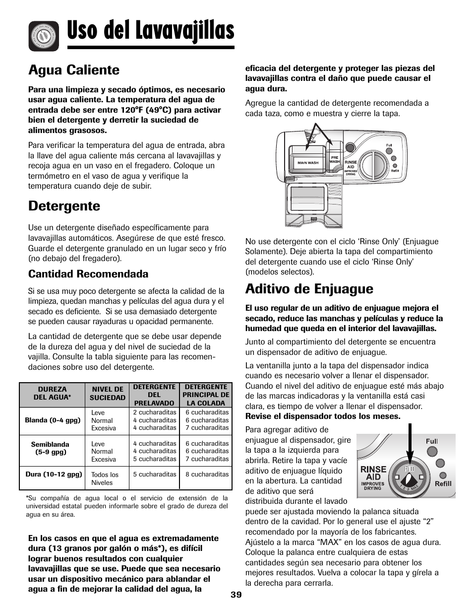 Uso del lavavajillas, Agua caliente, Detergente | Aditivo de enjuague, Cantidad recomendada | Maytag MDB8751AWB User Manual | Page 40 / 48