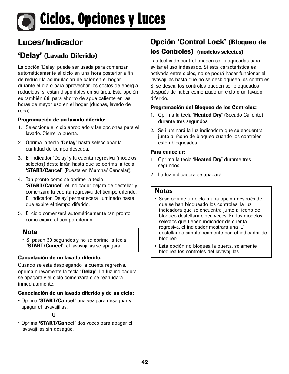 Ciclos, opciones y luces, Luces/indicador, Delay | Opción ‘control lock | Maytag MDB8751AWB User Manual | Page 43 / 48