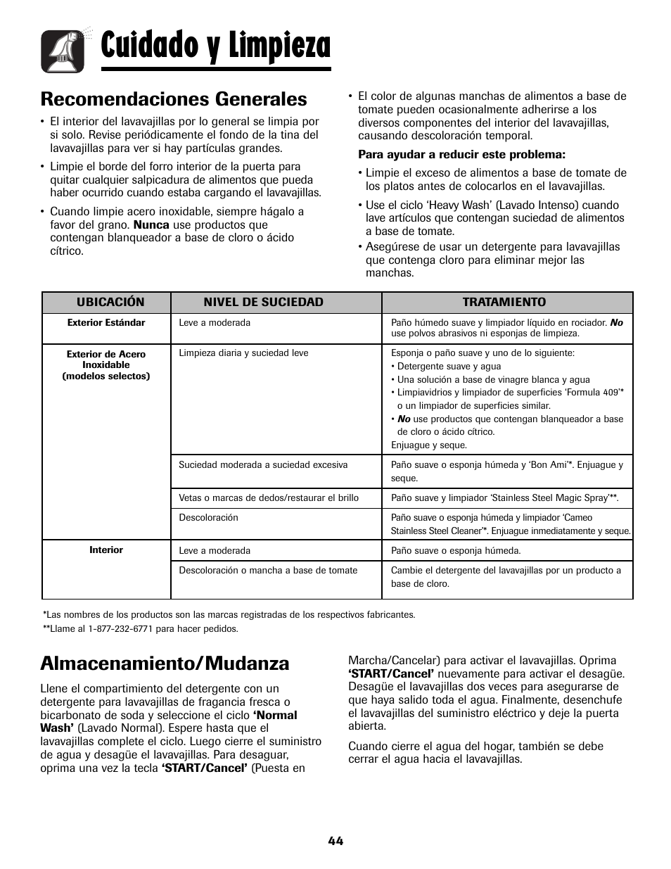 Cuidado y limpieza, Recomendaciones generales, Almacenamiento/mudanza | Maytag MDB8751AWB User Manual | Page 45 / 48